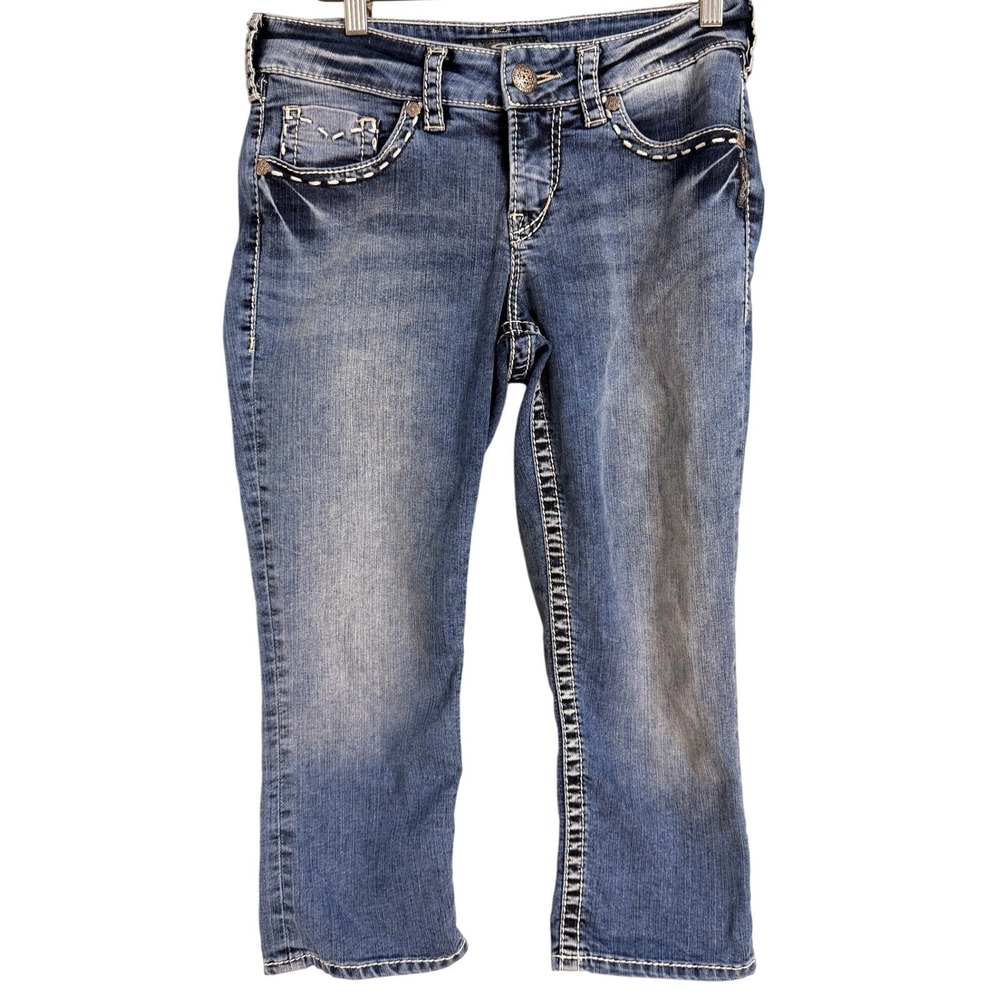 Silver Jeans Co Suki Flap Capri‎ Blue Denim Curvy Mid Rise Contrast Stitch Pants